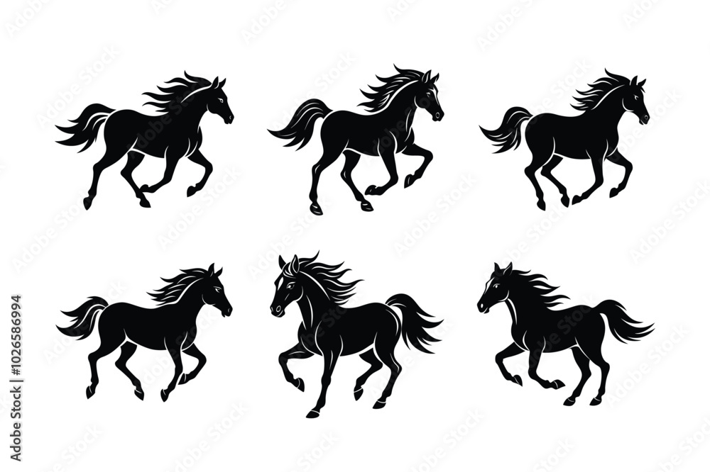 Running horse vector silhouette icon set Running horse vector silhouette icon set
