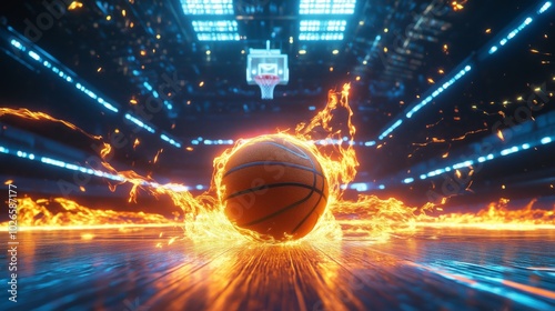 Flaming Basketball on Fire in Action-Packed Arena