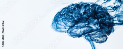 Artistic representation of a blue brain made of smoke on a white background.