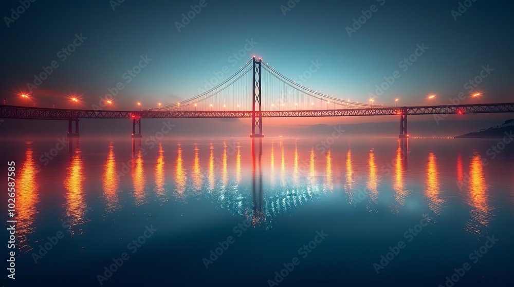 Obraz premium Illuminated Suspension Bridge at Night with Reflection on Tranquil Water