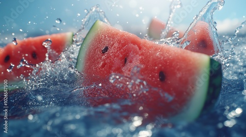 Watermelon Splash with Fresh Juicy Slices in Water
