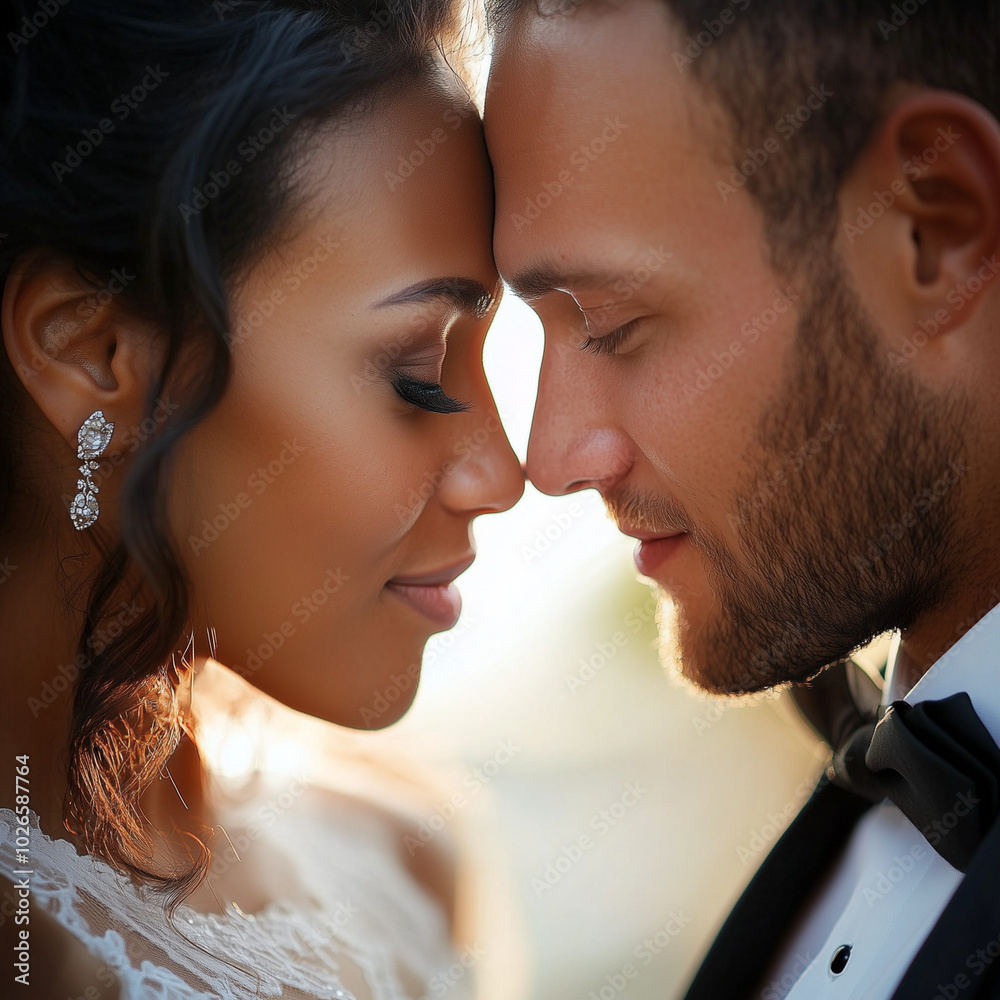 Bride and groom sharing intimate moment with soft sunlight Bride and groom sharing intimate moment with soft sunlight