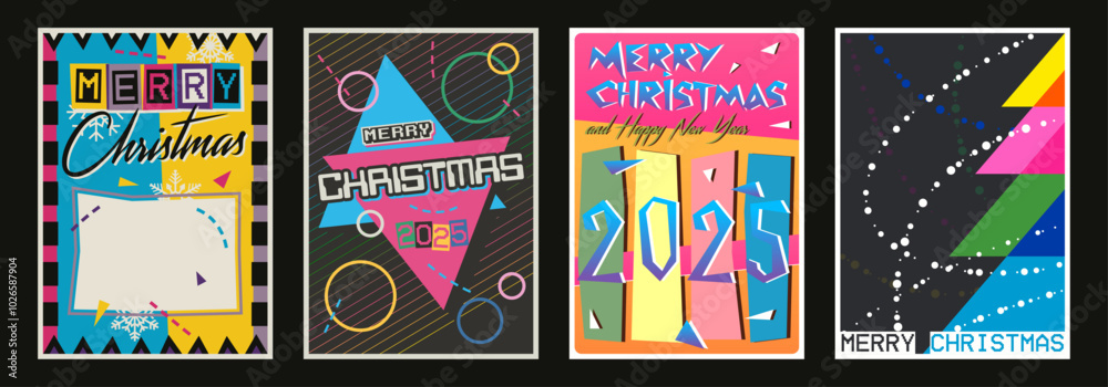 Obraz premium 1980s Christmas Postcard Style Illustration, Merry Christmas Greetings, 80s Party Poster, Retro Color Abstract Mosaic Background 