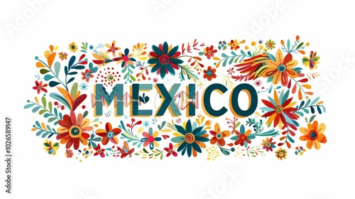 Mexican traditional floral ornaments vector logo design featuring the text "MEXICO" on a white background.