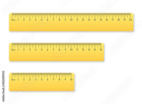 Yellow plastic ruler icon in flat style. Measuring tool vector illustration on isolated background. Stationery sign business concept.