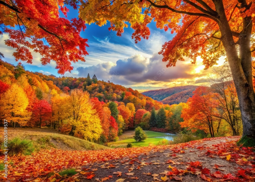 Fototapeta premium Vibrant Fall Colored Leaves Creating a Beautiful Autumn Landscape in Nature's Palette of Warm Hues and Textures