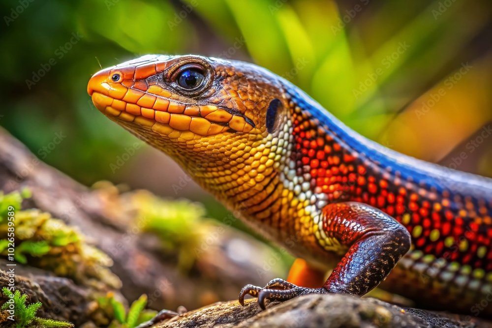 Naklejka premium Vibrant Fire Skink in Natural Habitat Showcasing Colorful Scales and Unique Behavior for Wildlife Photography