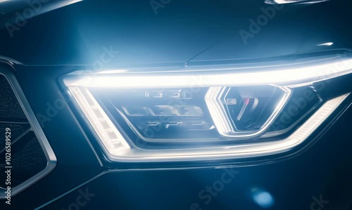 Closeup of Car Dual Headlights with Low and High Beams