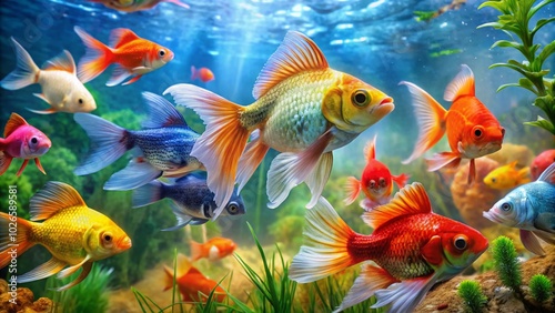 Vibrant Fighter Fish and Goldfish Swimming Together in a Beautiful Aquarium Setting for Aquatic Enthusiasts and Decor photo