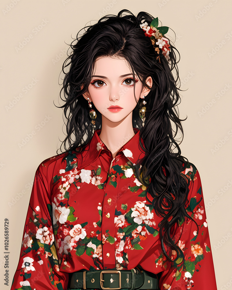 Digital Art Portrait of a Woman with Long Hair and a Floral Shirt Digital Art Portrait of a Woman with Long Hair and a Floral Shirt
