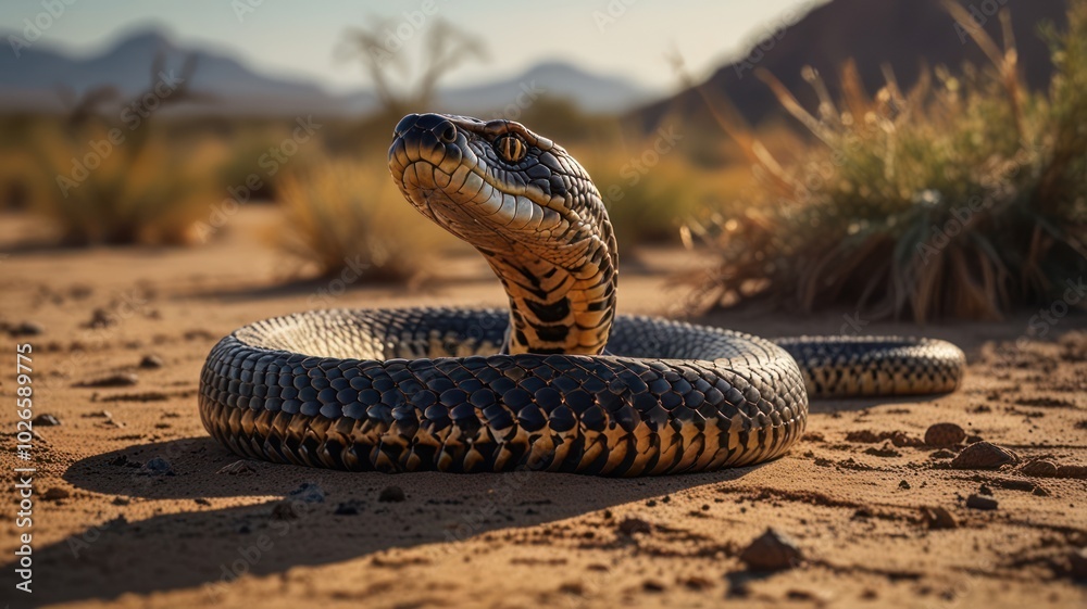 Fototapeta premium A black and yellow snake with a white stripe on its head is coiled up on the sand with a desert landscape in the background.