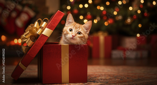 Cat in gift box with Christmas decorations and lights photo