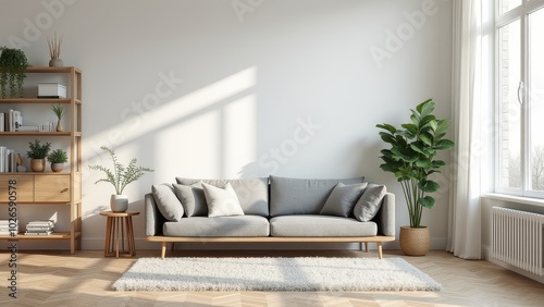 Generative, AI, A bright, modern living room with a gray sofa, plants, a wooden coffee table, and a shelf with decor.