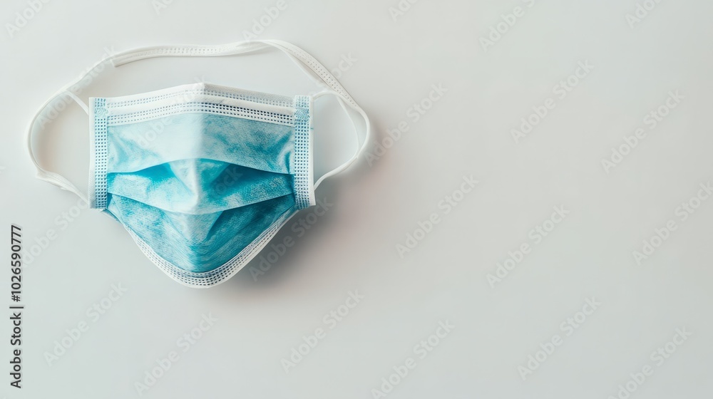 Surgical Mask: A single blue surgical face mask lies folded on a clean, minimalist background. The mask's protective layer is visible, highlighting its essential role in health and safety.  