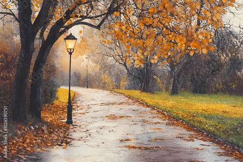 Street lamp illuminating a misty path in an autumn park, surrounded by vibrant fall leaves and bare branches, creating a nostalgic mood.