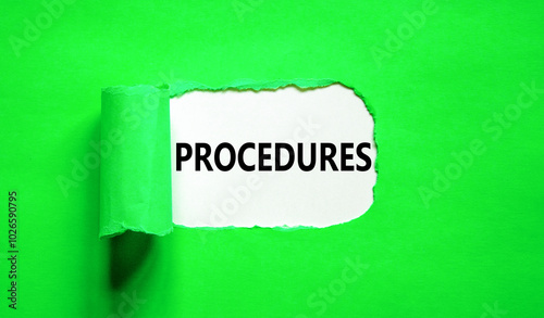 Procedures symbol. Concept word Procedures on beautiful white paper. Beautiful green paper background. Business procedures concept. Copy space.