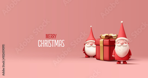 The characters of Santa Claus, Elf, Gnome with red gift, 3D. Banner for Christmas celebration, Merry Christmas, greetings, web design concepts. Vector illustration.