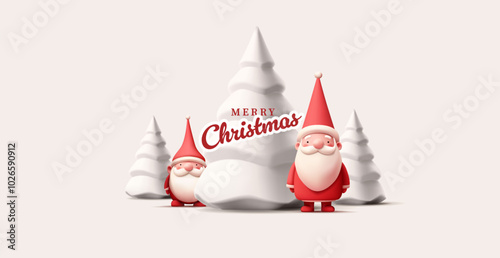 Merry Christmas. 3D character of Santa and elf, a gnome with snowy Christmas trees. Festive banner for Christmas celebration concepts, greetings, and web design. Vector illustration.