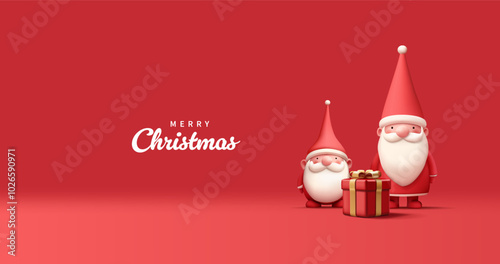 Character of Santa, Elf-Gnome with a gift, 3D. Red banner for advertising and design of Christmas holidays, and New Year. Cute characters for greetings. Vector illustration.