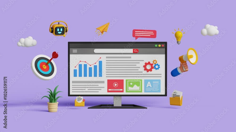 Marketing automation or web automation. Growth strategy, target audience, advertising or campaign, progress or improvement. 3D web page on computer screen with digital marketing icons. 4K 3D animation Marketing automation or web automation. Growth strategy, target audience, advertising or campaign, progress or improvement. 3D web page on computer screen with digital marketing icons. 4K 3D animation