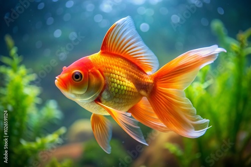 Vibrant Orange Oranda Goldfish Swimming Gracefully in a Crystal Clear Aquarium Under Soft Natural Lighting