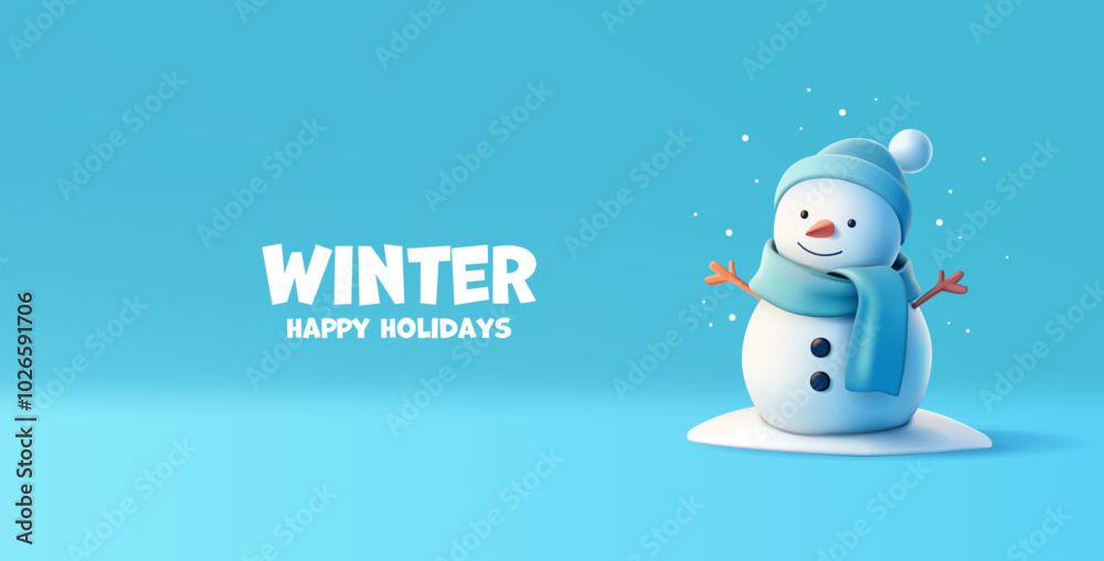 Happy holidays. 3D, happy snowman on a blue background. Banner for the concepts of winter holidays, Christmas, and New Year. Vector illustration. Happy holidays. 3D, happy snowman on a blue background. Banner for the concepts of winter holidays, Christmas, and New Year. Vector illustration.