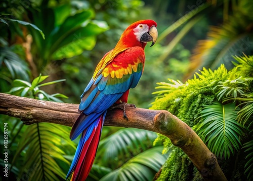 Vibrant Rainbow Macaw Bird Perched on a Branch in Lush Tropical Jungle Setting - Colorful Avian Beauty in