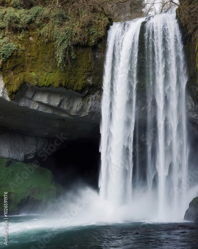 A thundering waterfall with a hidden cave. photo