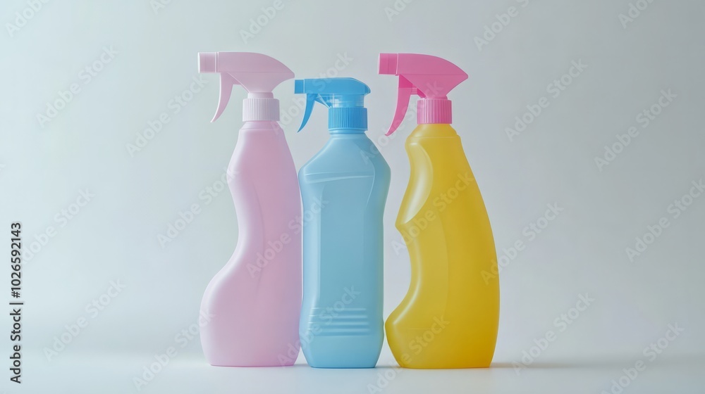 Plastic bottles with cleaning products on a white background. Detergents, sprays, and disinfectants in clean, modern packaging Plastic bottles with cleaning products on a white background. Detergents, sprays, and disinfectants in clean, modern packaging