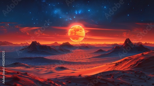 Radiant Full Moon Illuminates Alien Desert Landscape at Night