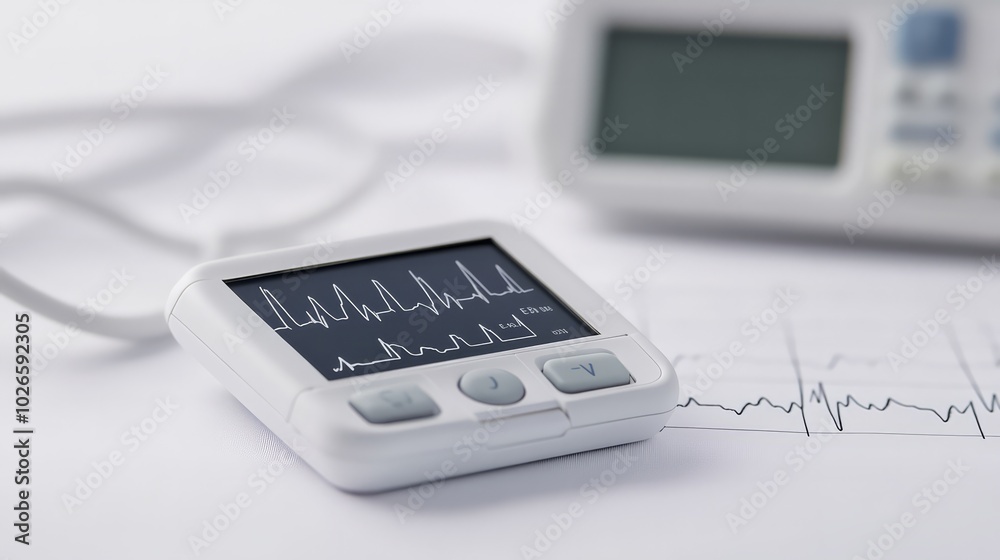 Portable ECG monitor on white background, focus on compact design and home healthcare Portable ECG monitor on white background, focus on compact design and home healthcare