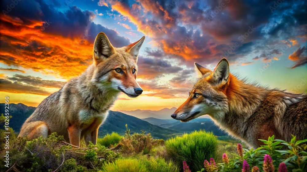 Fototapeta premium Coyote and Fox Encounter in a Vibrant Landscape: High Dynamic Range Wildlife Photography