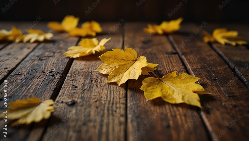 Obraz premium Autumn yellow leaves on wooden table.
