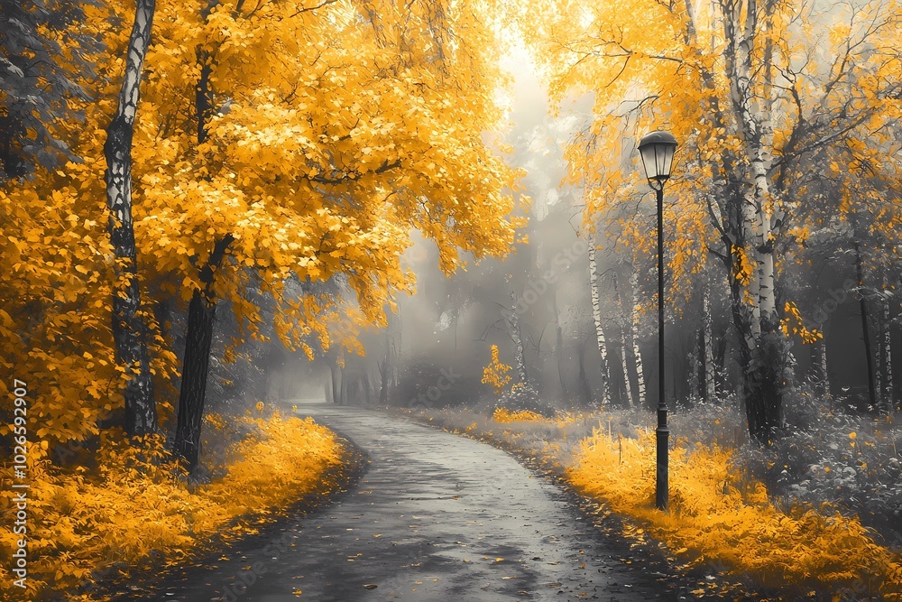 Obraz premium Warm street lamp light shining through the trees in an autumn park, reflecting on fallen leaves, perfect for seasonal landscape visuals.