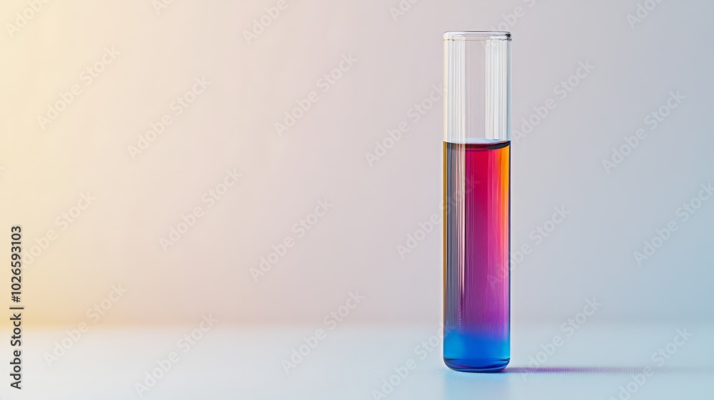 Single test tube with a colored solution inside, placed on a white surface. Single test tube with a colored solution inside, placed on a white surface.