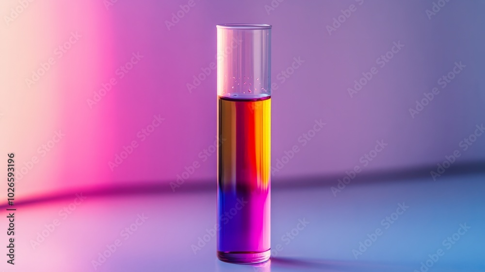 Single test tube with a colored solution inside, placed on a white surface. The background is bright and minimalistic Single test tube with a colored solution inside, placed on a white surface. The background is bright and minimalistic