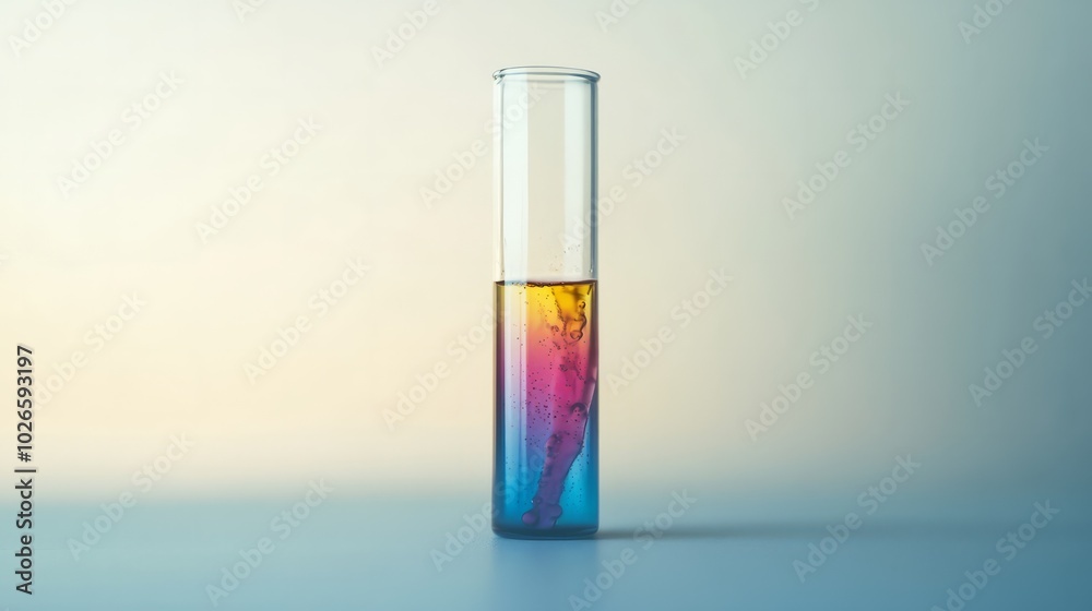 Single test tube with a colored solution inside, placed on a white surface. The background is bright and minimalistic Single test tube with a colored solution inside, placed on a white surface. The background is bright and minimalistic
