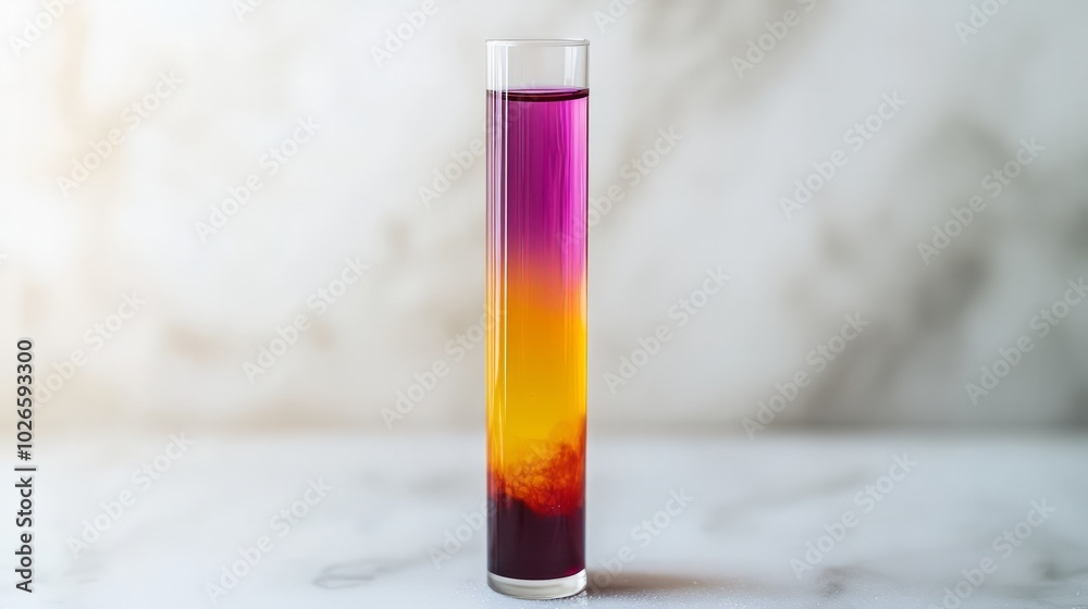 Single test tube with a colored solution inside, placed on a white surface. The background is bright and minimalistic Single test tube with a colored solution inside, placed on a white surface. The background is bright and minimalistic
