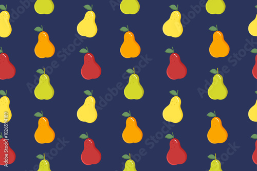 Seamless pattern with vector illustration of green, orange, red, yellow pear pears isolated on dark blue background