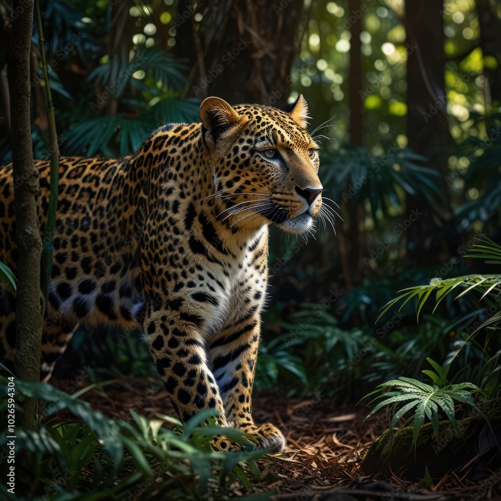 Obraz premium A majestic leopard stands in a dense jungle, its spotted fur blending seamlessly with the foliage, its keen eyes scanning the surroundings.