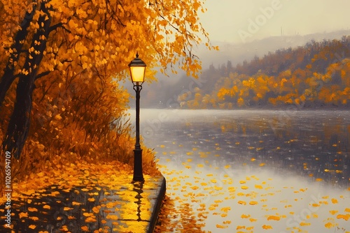 Street lamp in an autumn park with orange and yellow leaves scattered around, creating a serene and peaceful evening setting.