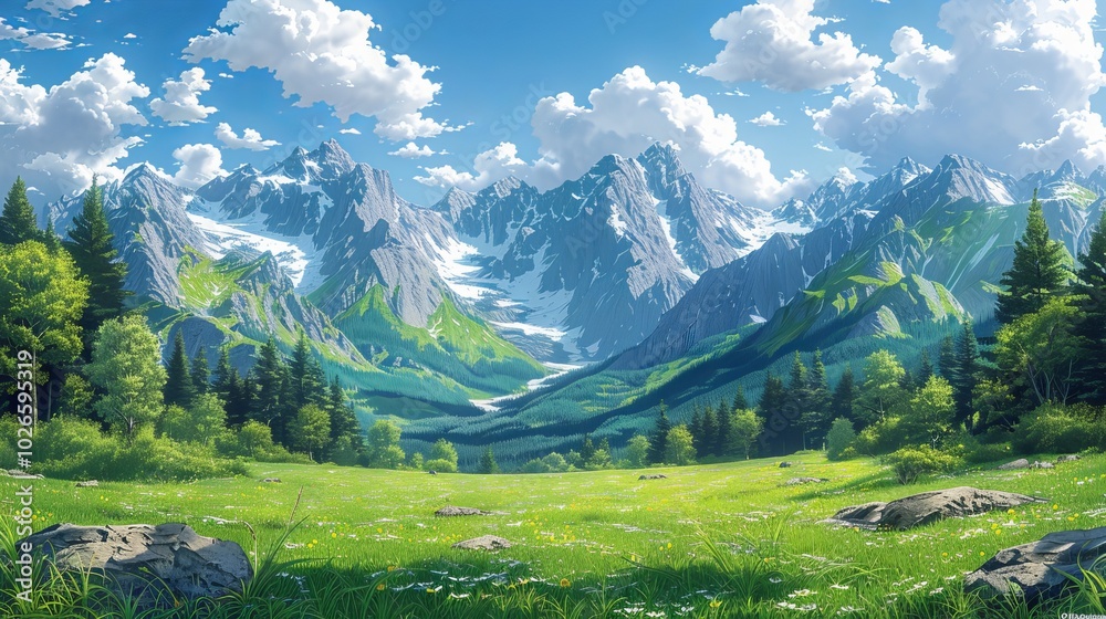 Scenic Mountain Valley with Snow-Capped Peaks and Lush Green Fields Scenic Mountain Valley with Snow-Capped Peaks and Lush Green Fields