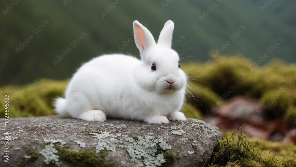 A bunny rests on a rock overlooking a mossy ground beneath. A bunny rests on a rock overlooking a mossy ground beneath.