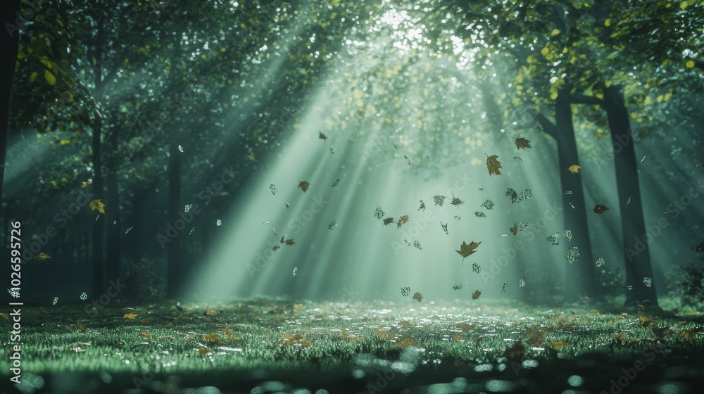Obraz premium Sunbeams Illuminate Enchanting Forest with Falling Leaves