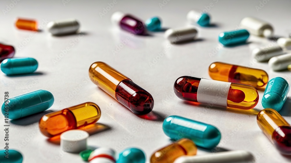 New Photo medicine capsules scattered on white surface pills spill from pharmacy bottles background New Photo medicine capsules scattered on white surface pills spill from pharmacy bottles background