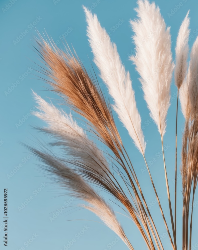 Fluffy White and Brown Grass on a Blue Background. Fluffy White and Brown Grass on a Blue Background.