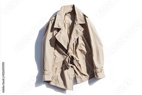 Stylish beige trench coat displayed against a bright white background.