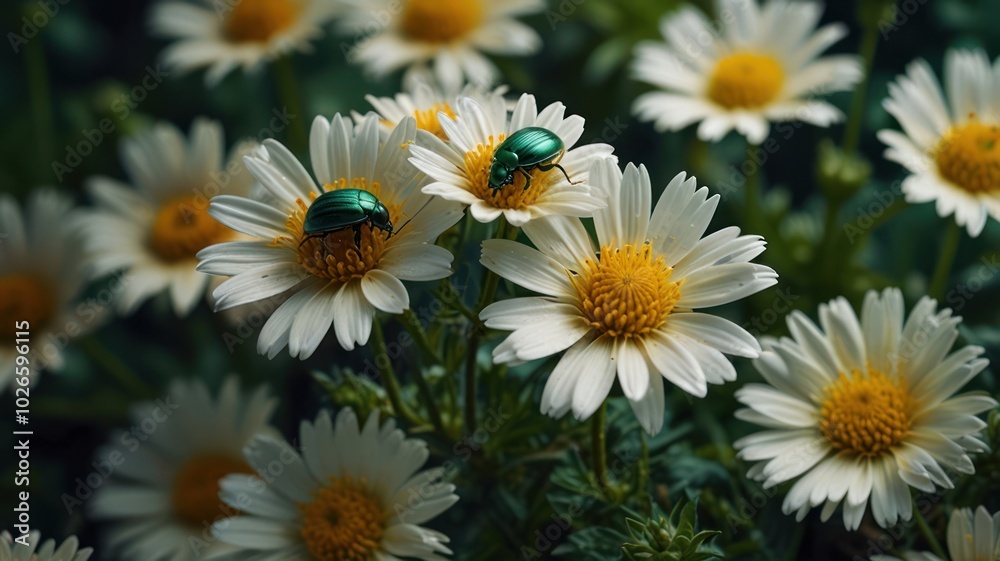 Fototapeta premium Two shiny green beetles perched on white daisies with yellow centers.