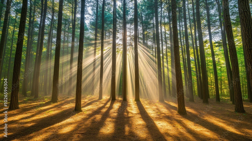 Obraz premium Sunbeams pierce through a dense forest, creating a mystical and magical atmosphere.