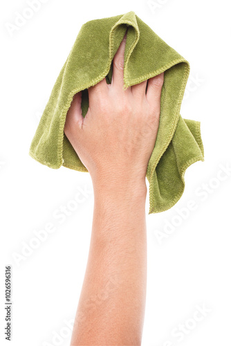 Foto Hand holding green duster microfiber cloth used for cleaning isolated on white b
